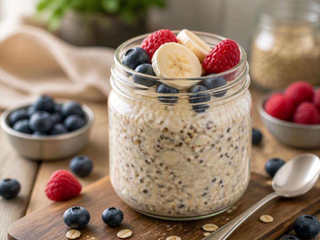 Overnight oats em pote de vidro com frutas vermelhas e banana