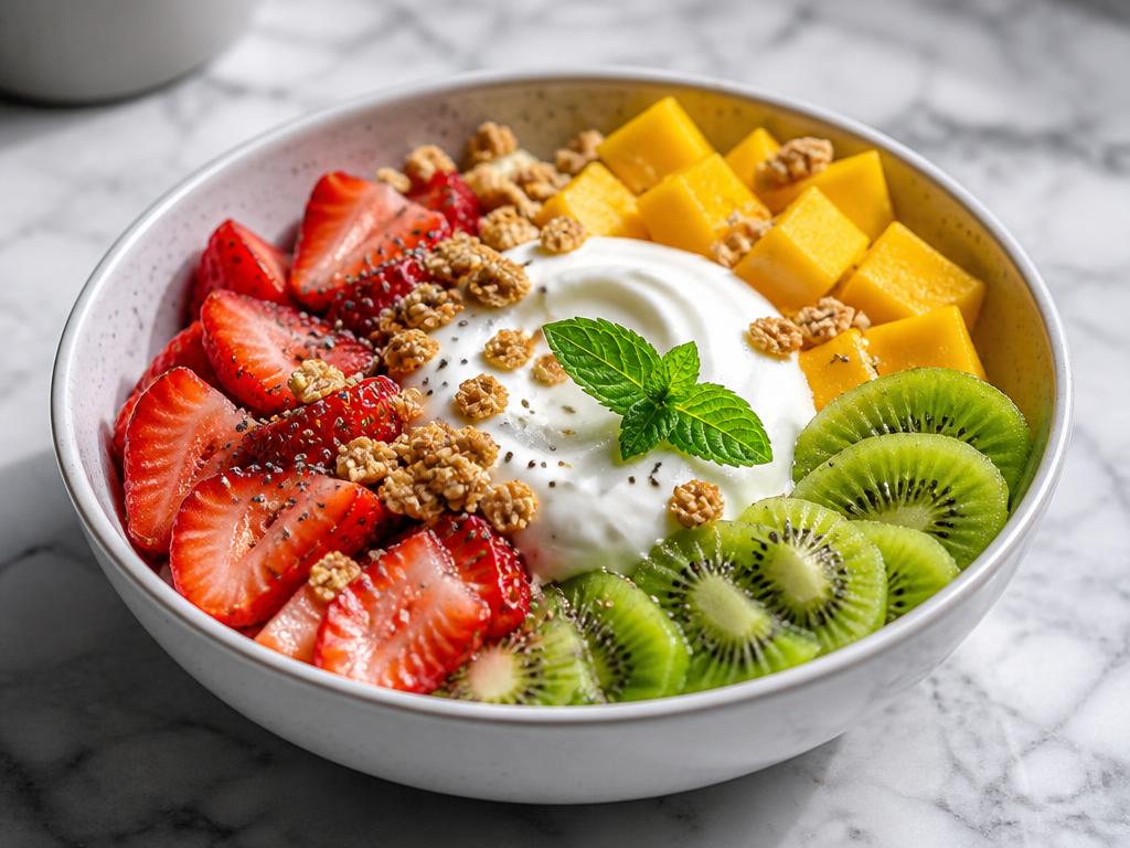 Bowl de frutas com morango, manga, kiwi e iogurte