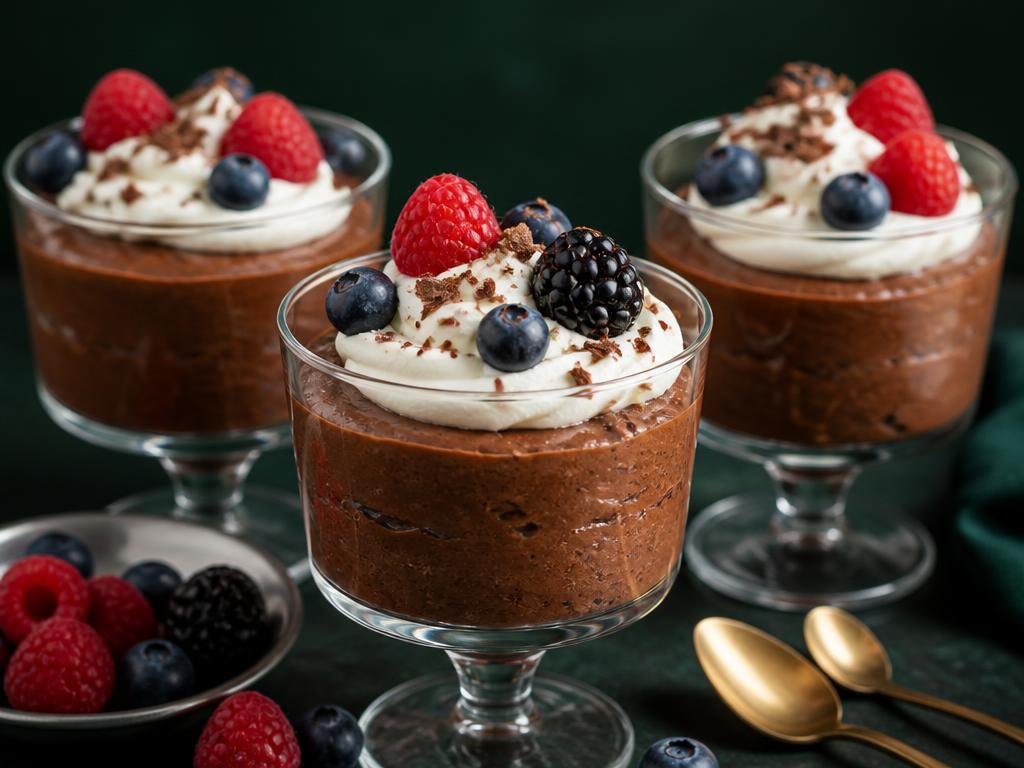 Taças de sobremesa gelada de chocolate com creme e frutas vermelhas