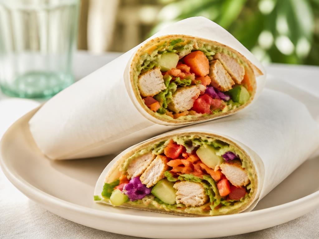 Dois wraps cortados mostrando recheio de legumes e frango