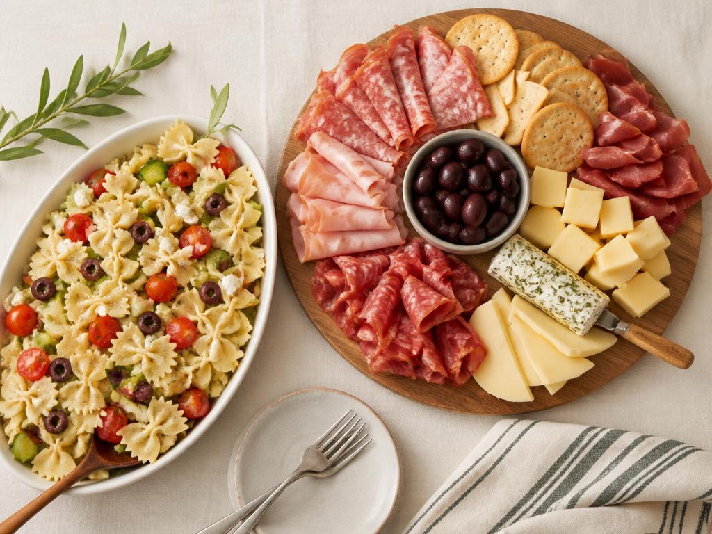 Tábua de frios com salada de macarrão fria
