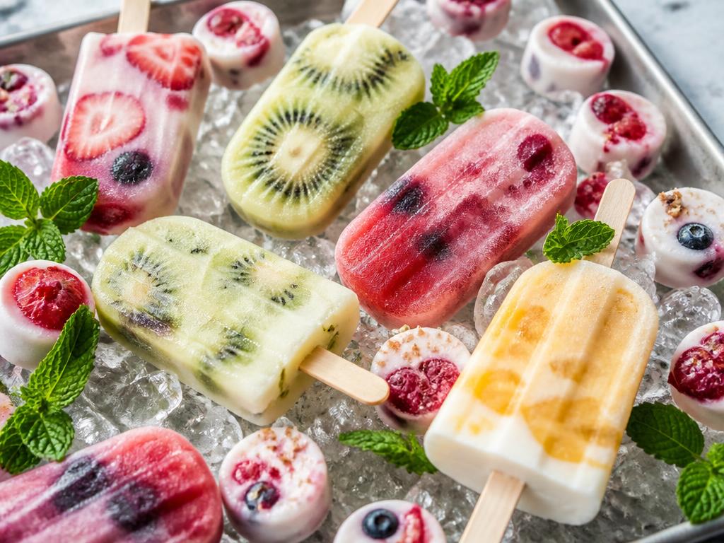 Picolés de frutas e bites de iogurte congelado